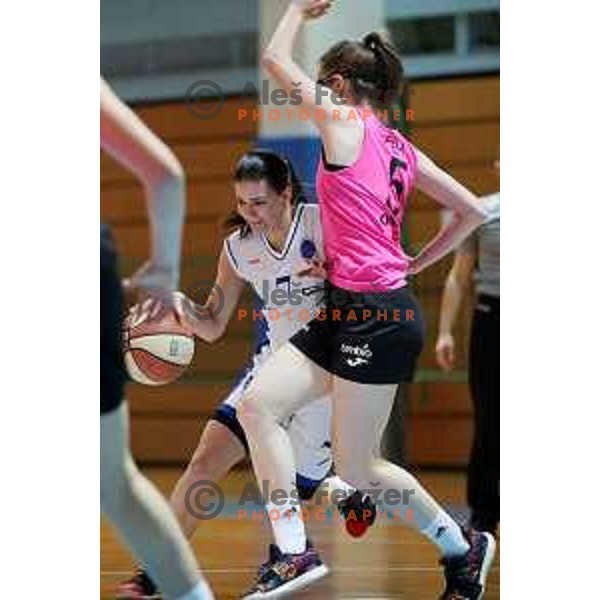 Blaza Ceh and Sara Meden in action during 1.SKL Women basketball match between Jezica and Cinkarna Celje in Ljubljana, Slovenia on October 17, 2020
