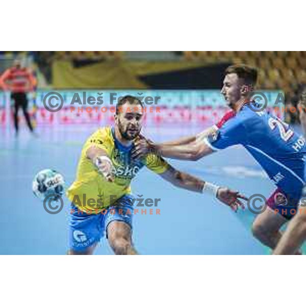 Patrik Leban in action during EHF Champions League handball match between RK Celje Pivovarna Lasko and Motor Zaporozhye in Arena Zlatorog, Celje, Slovenia on October 28, 2020