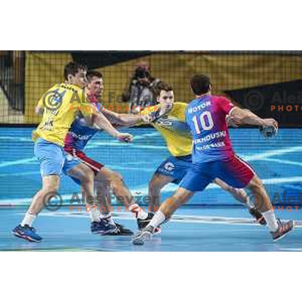 Matic Groselj and Tobias Cvetko in action during EHF Champions League handball match between RK Celje Pivovarna Lasko and Motor Zaporozhye in Arena Zlatorog, Celje, Slovenia on October 28, 2020