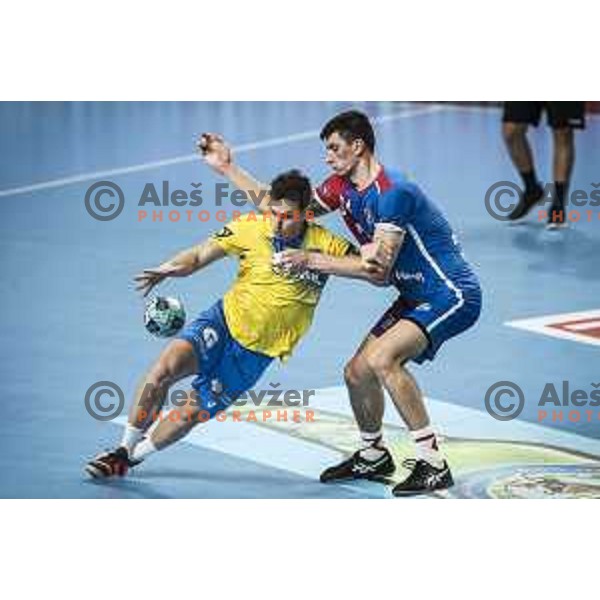 Tobias Cvetko in action during EHF Champions League handball match between RK Celje Pivovarna Lasko and Motor Zaporozhye in Arena Zlatorog, Celje, Slovenia on October 28, 2020