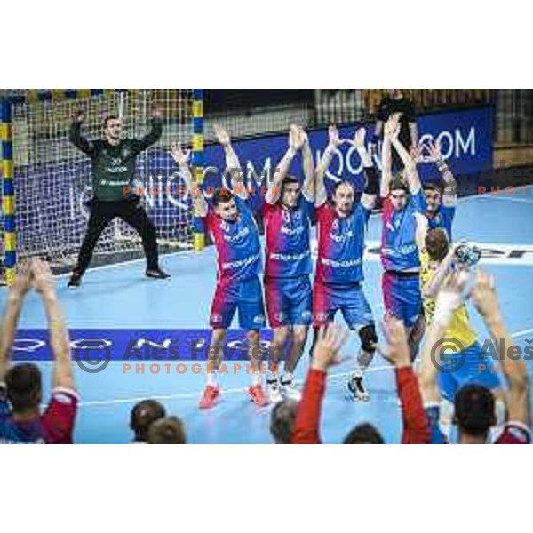 Ivan Maroz, Artem Kozakevych, Milos Orbovic, Maxim Babichev, Aidenas Malasinskas in action during EHF Champions League handball match between RK Celje Pivovarna Lasko and Motor Zaporozhye in Arena Zlatorog, Celje, Slovenia on October 28, 2020