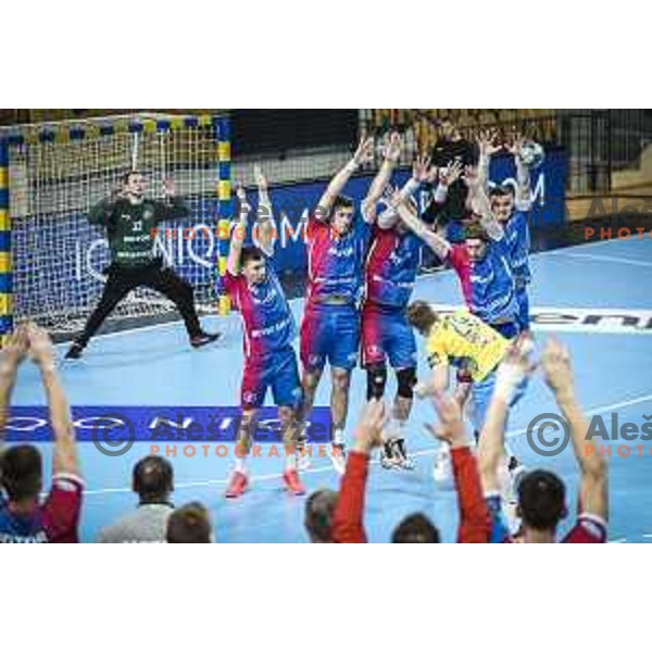 Ivan Maroz, Artem Kozakevych, Milos Orbovic, Maxim Babichev, Aidenas Malasinskas in action during EHF Champions League handball match between RK Celje Pivovarna Lasko and Motor Zaporozhye in Arena Zlatorog, Celje, Slovenia on October 28, 2020