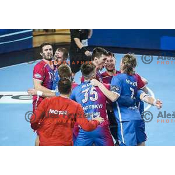 Players of Motor Zaporozhye celebrating after winning EHF Champions League handball match between RK Celje Pivovarna Lasko and Motor Zaporozhye in Arena Zlatorog, Celje, Slovenia on October 28, 2020