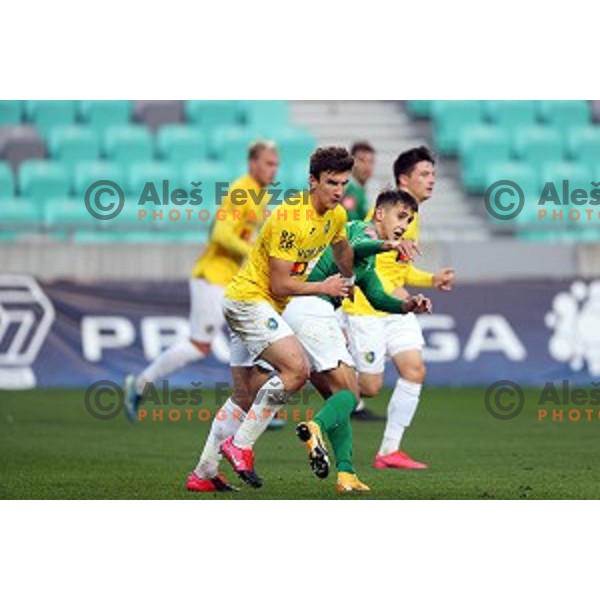 Michele Sego and Mihail Caimacov in action during Prva Liga Telekom Slovenije 2020-2021 football match between Olimpija and Bravo in Ljubljana, Slovenia on October 29, 2020
