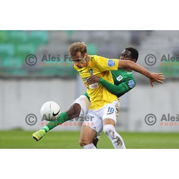 Mustafa Nukic and Eric Boakye in action during Prva Liga Telekom Slovenije 2020-2021 football match between Olimpija and Bravo in Ljubljana, Slovenia on October 29, 2020