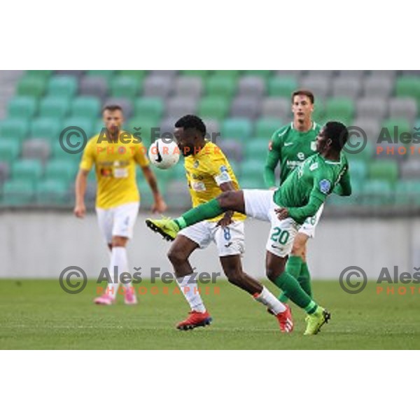 Ovbokha Agboyi and Eric Boakye in action during Prva Liga Telekom Slovenije 2020-2021 football match between Olimpija and Bravo in Ljubljana, Slovenia on October 29, 2020