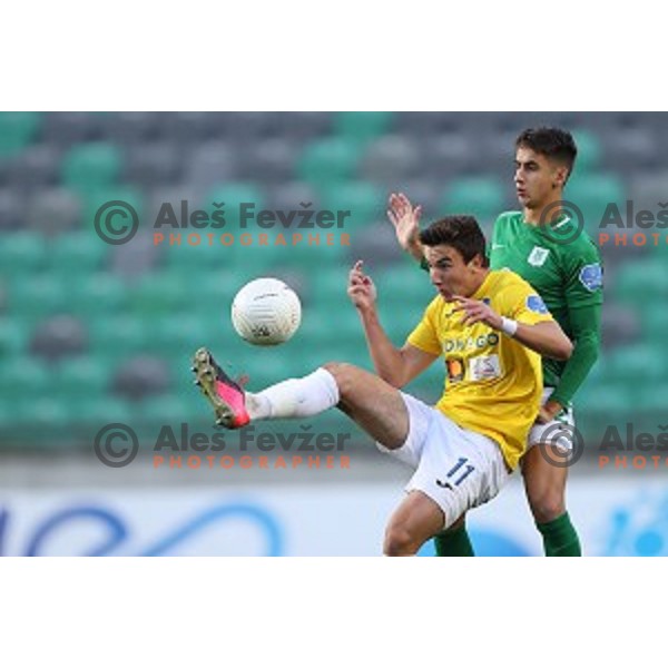 Michele Sego and Mihail Caimacov in action during Prva Liga Telekom Slovenije 2020-2021 football match between Olimpija and Bravo in Ljubljana, Slovenia on October 29, 2020