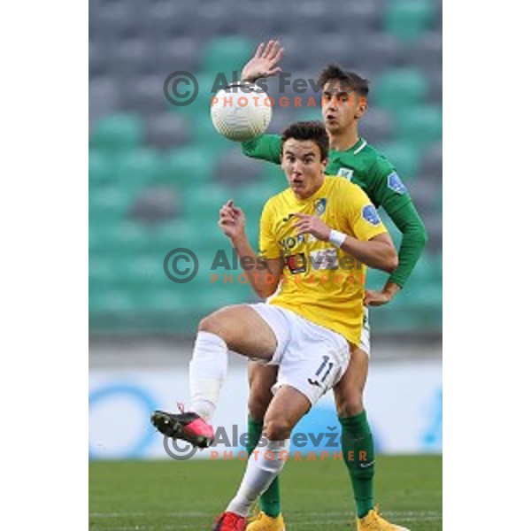Michele Sego and Mihail Caimacov in action during Prva Liga Telekom Slovenije 2020-2021 football match between Olimpija and Bravo in Ljubljana, Slovenia on October 29, 2020