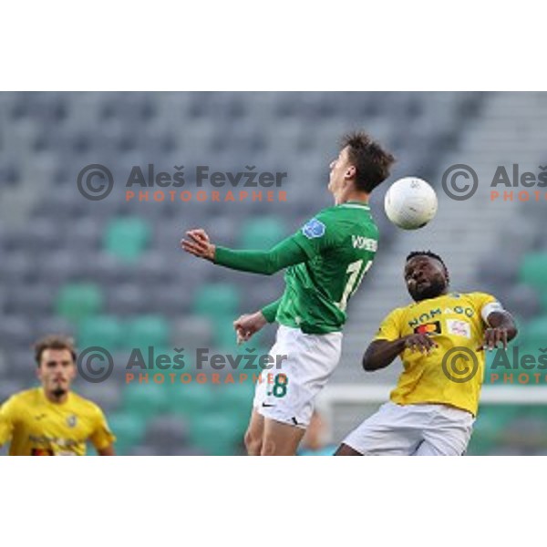 Andres Vombergar and Ovbokha Agboyi in action during Prva Liga Telekom Slovenije 2020-2021 football match between Olimpija and Bravo in Ljubljana, Slovenia on October 29, 2020