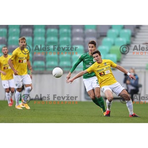 Michele Sego and Mihail Caimacov in action during Prva Liga Telekom Slovenije 2020-2021 football match between Olimpija and Bravo in Ljubljana, Slovenia on October 29, 2020