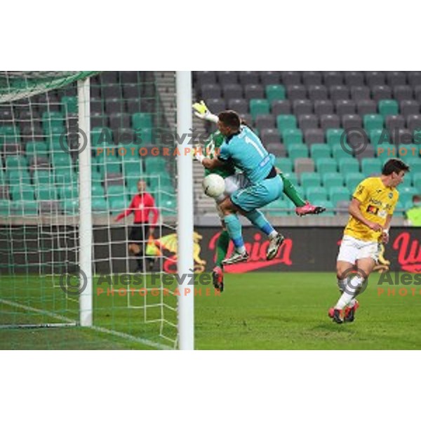 Andres Vombergar scores goal past Igor Vekic during Prva Liga Telekom Slovenije 2020-2021 football match between Olimpija and Bravo in Ljubljana, Slovenia on October 29, 2020
