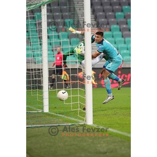 Andres Vombergar scores goal past Igor Vekic during Prva Liga Telekom Slovenije 2020-2021 football match between Olimpija and Bravo in Ljubljana, Slovenia on October 29, 2020