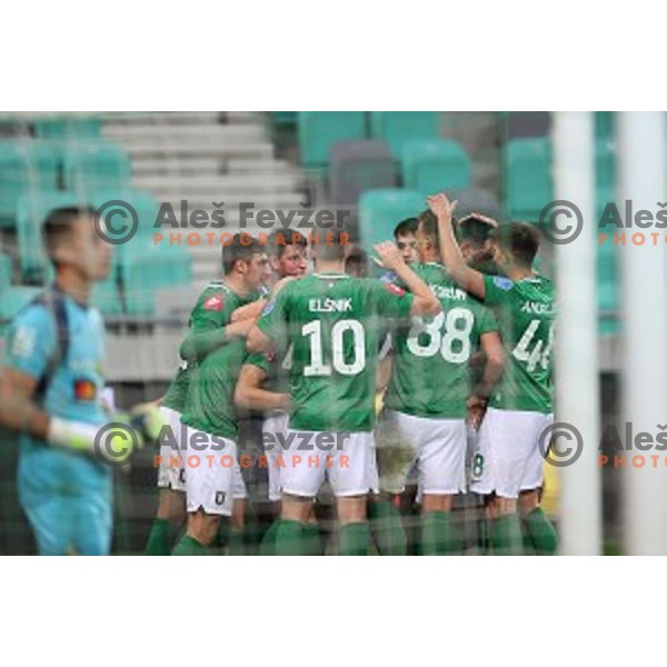 Andres Vombergar and players of Olimpija celebrate goal during Prva Liga Telekom Slovenije 2020-2021 football match between Olimpija and Bravo in Ljubljana, Slovenia on October 29, 2020