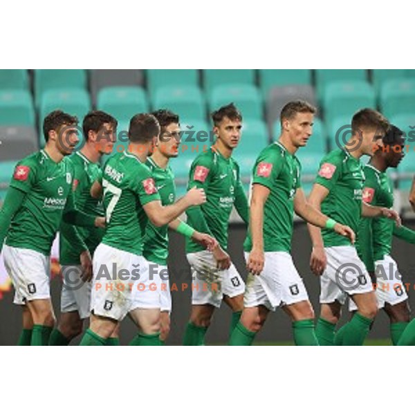 Andres Vombergar and players of Olimpija celebrate goal during Prva Liga Telekom Slovenije 2020-2021 football match between Olimpija and Bravo in Ljubljana, Slovenia on October 29, 2020