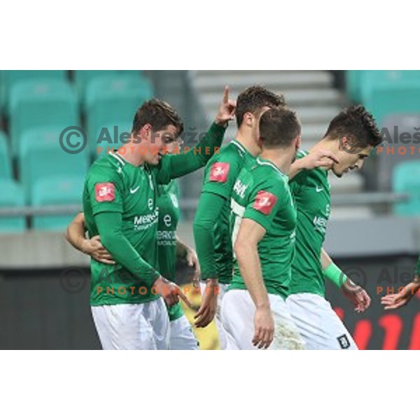 Andres Vombergar and players of Olimpija celebrate goal during Prva Liga Telekom Slovenije 2020-2021 football match between Olimpija and Bravo in Ljubljana, Slovenia on October 29, 2020