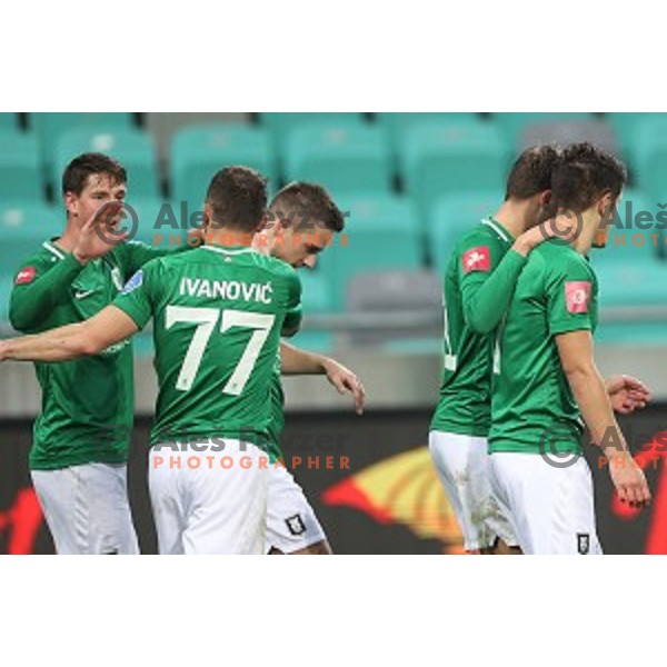 Andres Vombergar and players of Olimpija celebrate goal during Prva Liga Telekom Slovenije 2020-2021 football match between Olimpija and Bravo in Ljubljana, Slovenia on October 29, 2020