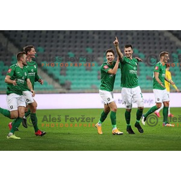 Miral Samardzic and players of Olimpija celebrate goal during Prva Liga Telekom Slovenije 2020-2021 football match between Olimpija and Bravo in Ljubljana, Slovenia on October 29, 2020