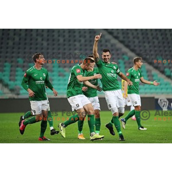 Miral Samardzic and players of Olimpija celebrate goal during Prva Liga Telekom Slovenije 2020-2021 football match between Olimpija and Bravo in Ljubljana, Slovenia on October 29, 2020