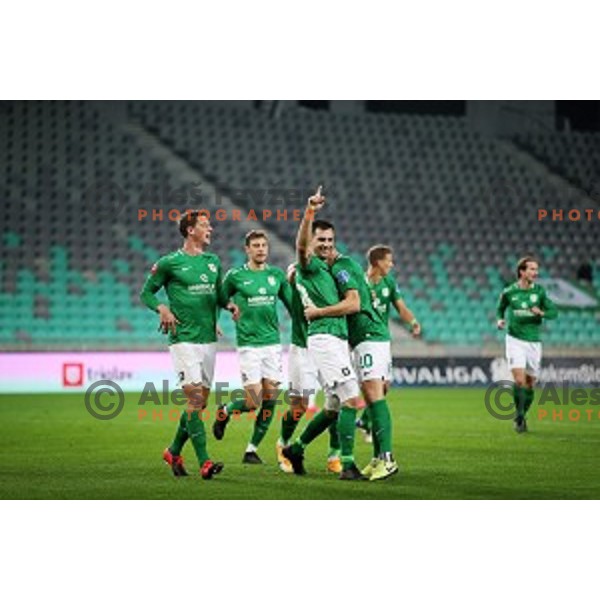 Miral Samardzic and players of Olimpija celebrate goal during Prva Liga Telekom Slovenije 2020-2021 football match between Olimpija and Bravo in Ljubljana, Slovenia on October 29, 2020