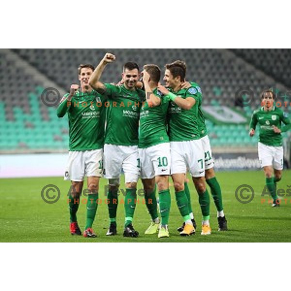 Miral Samardzic and players of Olimpija celebrate goal during Prva Liga Telekom Slovenije 2020-2021 football match between Olimpija and Bravo in Ljubljana, Slovenia on October 29, 2020
