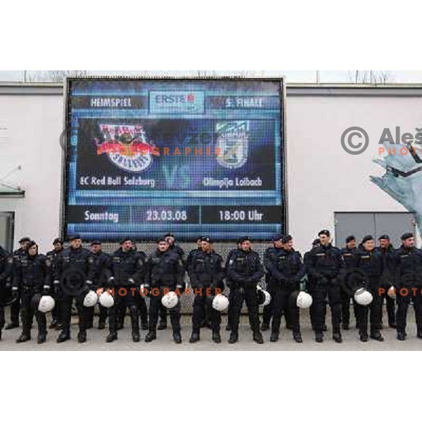 Austrian police outside of the Arena before fifth game of the Final of EBEL league between Red Bulls Salzburg and ZM Olimpija, played in Salzburg 23.3.2008. 