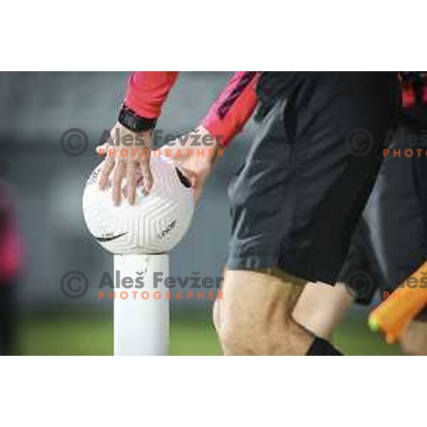 Referee taking the ball during Prva liga Telekom Slovenije football match between Mura and Celje in Fazanerije, Murska Sobota, Slovenia on November 2, 2020