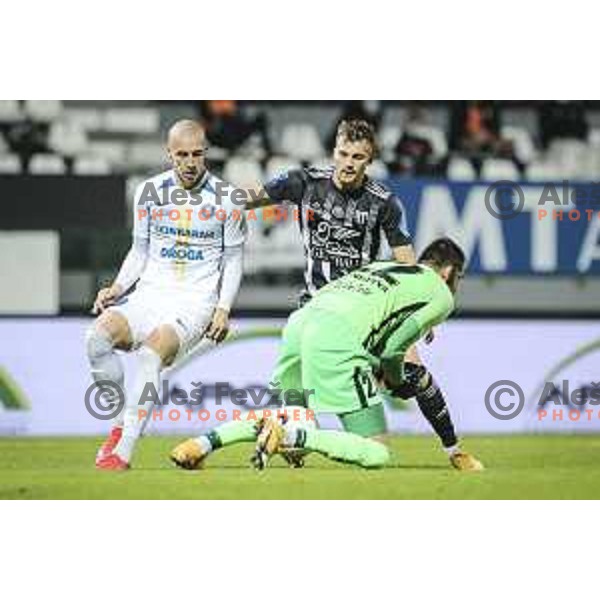 Zan Zaletel and Matjaz Rozman vs Kevin Zizek in action during Prva liga Telekom Slovenije football match between Mura and Celje in Fazanerije, Murska Sobota, Slovenia on November 2, 2020