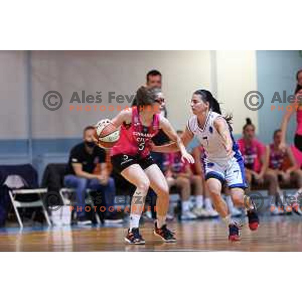 Blaza Ceh and Sara Meden in action during 1.SKL Women basketball match between Jezica and Cinkarna Celje in Ljubljana, Slovenia on October 17, 2020
