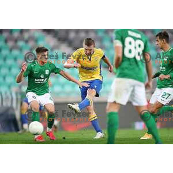 Jan Andrejasic and Dare Vrsic in action during Prva Liga Telekom Slovenije 2002-2021 football match between Olimpija and Koper in SRC Stozice, Ljubljana, Slovenia on November 7, 2020