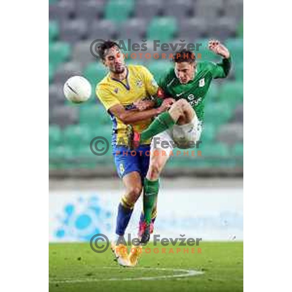 Ivan Borna Jelic Balta and Andres Vombergar in action during Prva Liga Telekom Slovenije 2002-2021 football match between Olimpija and Koper in SRC Stozice, Ljubljana, Slovenia on November 7, 2020