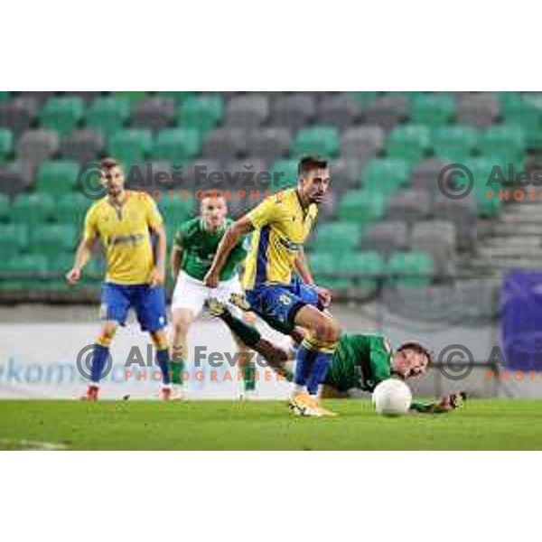 Ivan Borna Jelic Balta and Andres Vombergar in action during Prva Liga Telekom Slovenije 2002-2021 football match between Olimpija and Koper in SRC Stozice, Ljubljana, Slovenia on November 7, 2020