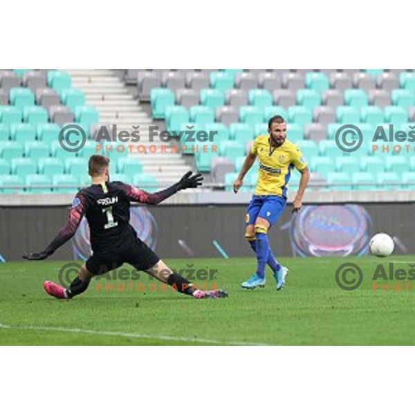 Stefan Stevanovic and Ziga Frelih in action during Prva Liga Telekom Slovenije 2002-2021 football match between Olimpija and Koper in SRC Stozice, Ljubljana, Slovenia on November 7, 2020