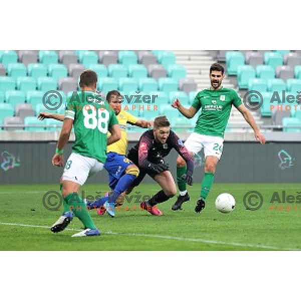 Stefan Stevanovic and Ziga Frelih in action during Prva Liga Telekom Slovenije 2002-2021 football match between Olimpija and Koper in SRC Stozice, Ljubljana, Slovenia on November 7, 2020