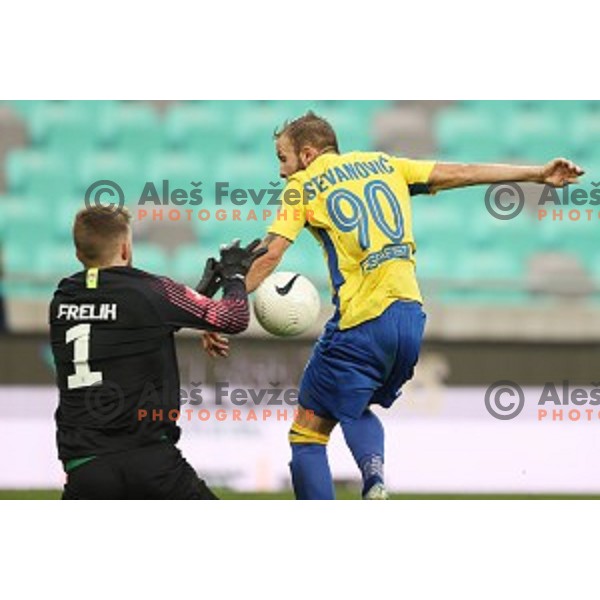 Ziga Frelih and Stefan Stevanovic in action during Prva Liga Telekom Slovenije 2002-2021 football match between Olimpija and Koper in SRC Stozice, Ljubljana, Slovenia on November 7, 2020