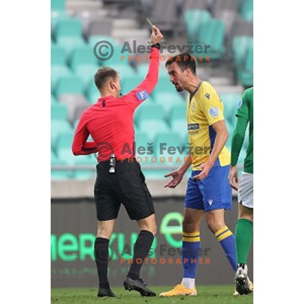 Referee David Smajc shows yellow card to Ivan Borna Jelic Balta during Prva Liga Telekom Slovenije 2002-2021 football match between Olimpija and Koper in SRC Stozice, Ljubljana, Slovenia on November 7, 2020