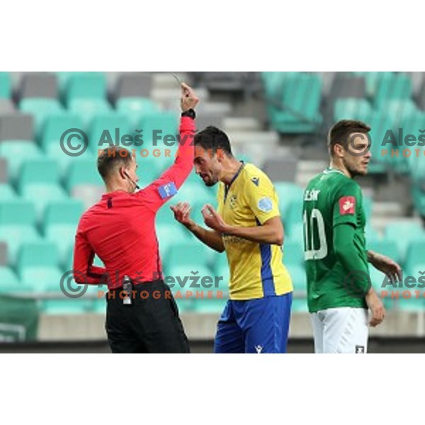 Referee David Smajc shows yellow card to Ivan Borna Jelic Balta during Prva Liga Telekom Slovenije 2002-2021 football match between Olimpija and Koper in SRC Stozice, Ljubljana, Slovenia on November 7, 2020