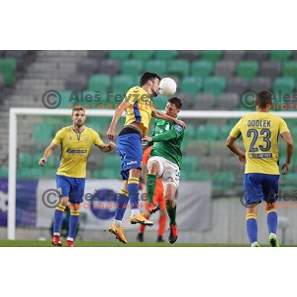 Ivan Borna Jelic Balta and Andres Vombergar in action during Prva Liga Telekom Slovenije 2002-2021 football match between Olimpija and Koper in SRC Stozice, Ljubljana, Slovenia on November 7, 2020