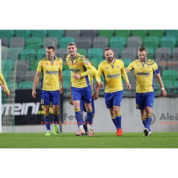 Nardin Mulahusejnovic and Dare Vrsic in action during Prva Liga Telekom Slovenije 2002-2021 football match between Olimpija and Koper in SRC Stozice, Ljubljana, Slovenia on November 7, 2020