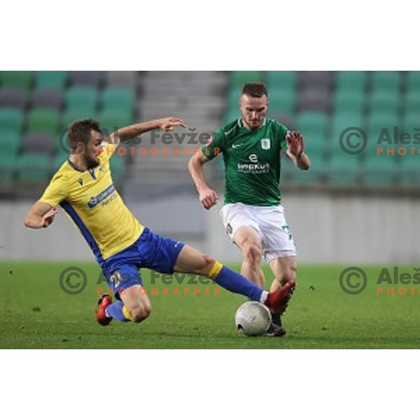 Zan Zuzek and Djordje Ivanovic in action during Prva Liga Telekom Slovenije 2002-2021 football match between Olimpija and Koper in SRC Stozice, Ljubljana, Slovenia on November 7, 2020
