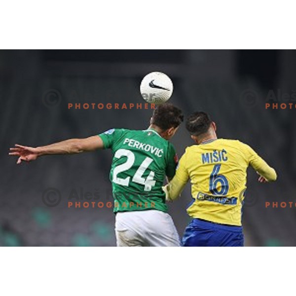 Marko Perkovic and Darko Misic in action during Prva Liga Telekom Slovenije 2002-2021 football match between Olimpija and Koper in SRC Stozice, Ljubljana, Slovenia on November 7, 2020