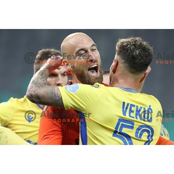 Ivan Vargic and Luka Vekic celebrate victory at Prva Liga Telekom Slovenije 2002-2021 football match between Olimpija and Koper in SRC Stozice, Ljubljana, Slovenia on November 7, 2020