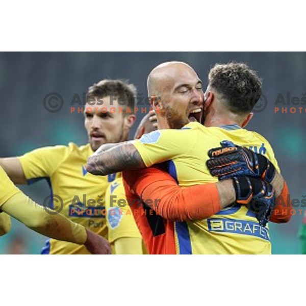 Ivan Vargic and Luka Vekic celebrate victory at Prva Liga Telekom Slovenije 2002-2021 football match between Olimpija and Koper in SRC Stozice, Ljubljana, Slovenia on November 7, 2020