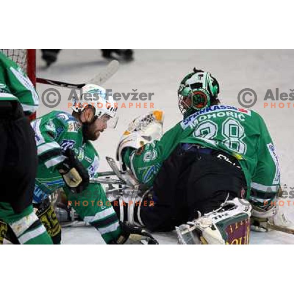 Mitchell (2) and Mohoric at fifth game of the Final of EBEL league between Red Bulls Salzburg and ZM Olimpija, played in Salzburg 23.3.2008. Red Bulls won 5:0 . Photo by Ales Fevzer 