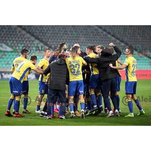 Timotej Dodlek and players of Koper celebrate victory at Prva Liga Telekom Slovenije 2002-2021 football match between Olimpija and Koper in SRC Stozice, Ljubljana, Slovenia on November 7, 2020