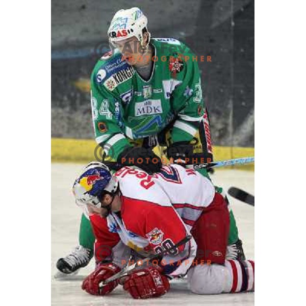 Pavlin (34) holds Welser (20) at fifth game of the Final of EBEL league between Red Bulls Salzburg and ZM Olimpija, played in Salzburg 23.3.2008. Red Bulls won 5:0 . Photo by Ales Fevzer 