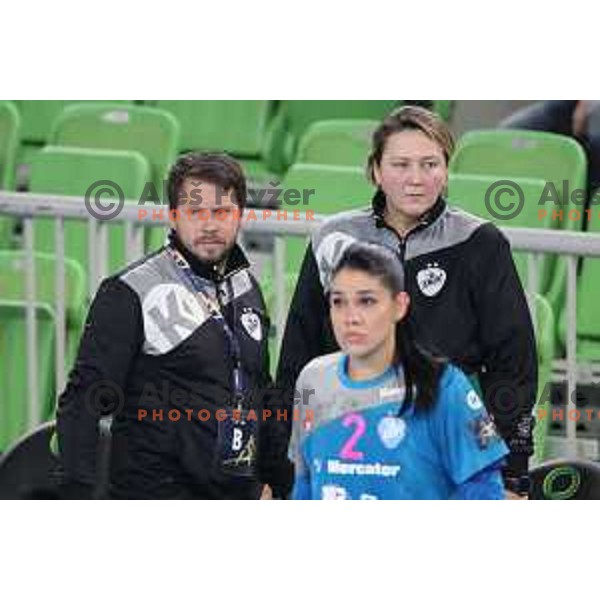 Uros Bregar, head coach of Krim Mercator and Nataliya Derepasko during EHF Champions League Women 2020-2021 handball match between Krim Mercator (SLO) and CSM Bucuresti (ROU) in SRC Stozice, Ljubljana, Slovenia on November 7, 2020