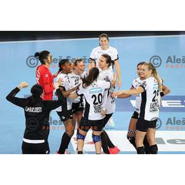 Dragana Cvijic, Carmen Martin, Elizabeth Omoregie, Jelena Grubisic and Barbara Lazovic celebrate victory at EHF Champions League Women 2020-2021 handball match between Krim Mercator (SLO) and CSM Bucuresti (ROU) in SRC Stozice, Ljubljana, Slovenia on November 7, 2020