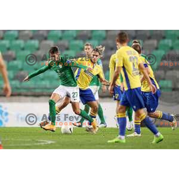 Mihail Caimacov and Claudio Spinelli in action during Prva Liga Telekom Slovenije 2002-2021 football match between Olimpija and Koper in SRC Stozice, Ljubljana, Slovenia on November 7, 2020