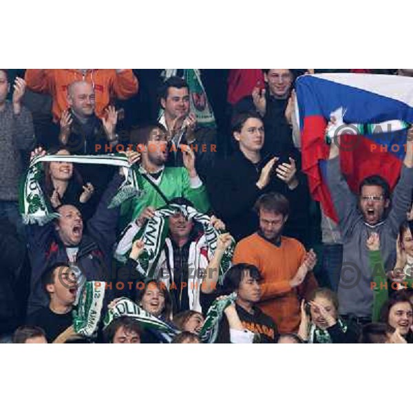 Fans celebrate first goal for ZM Olimpija at sixth game of the Final of EBEL league between ZM Olimpija and Red Bulls Salzburg, played in Ljubljana 25.3.2008. Red Bulls Salzburg won the game 3:2 and series 4:2 and became Champions of EBEL league. Photo by