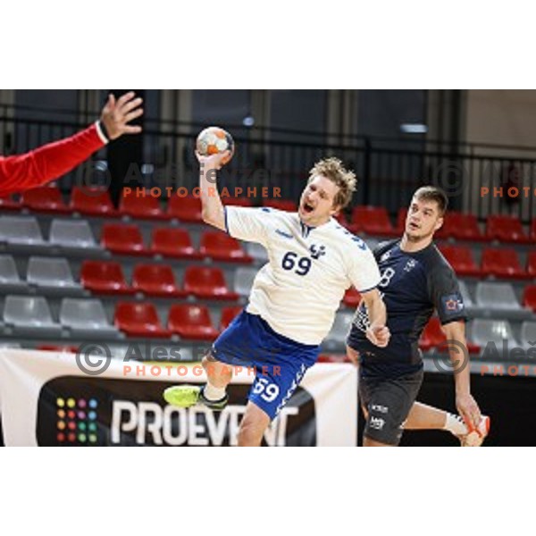 Miha Tomsic in action during 1.NLB league handball match between MRK Ljubljana and Trimo Trebnje in Kodeljevo Hall, Ljubljana, Slovenia on November 14, 2020